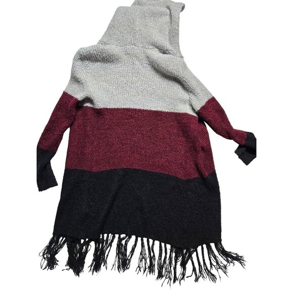 Aiami Colorblock Hooded Knit Open Cardigan w/ Fringe Hem Grey, Burgundy, Black S - Picture 2 of 8